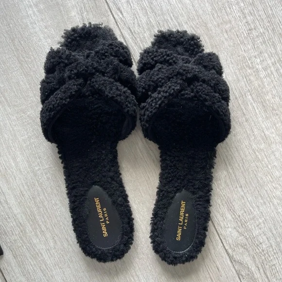 YSL Saint Laurent Tribute shearling sandals/slides - Picture 2 of 5